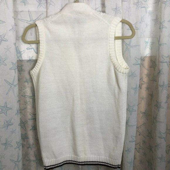 Vintage Cable Knit Vest Button Front White Pockets size M Brown Trim - Picture 6 of 6